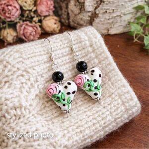 Artisan Lampwork Heart Earrings Pink Rose Polka Dot Glass Dangle